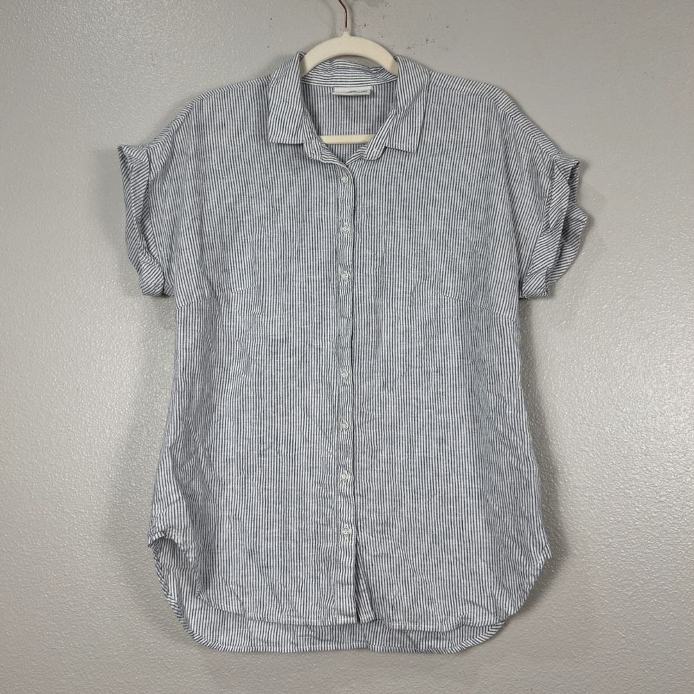 Kathmandu Womens Blue White Striped Linen Blend Short Sleeve Button‎ Up Shirt 12
